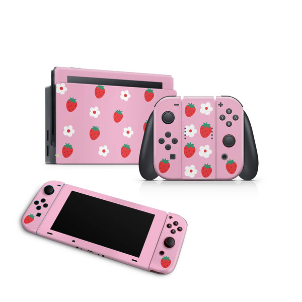 Nintendo Switch Skin Decal For Console Joy-Con And Dock Sugar Strawberries - ZoomHitskin