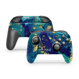 Nintendo Switch Pro Controller Skin Decal Sticker Gold Golden Dore Aqua Space Galaxy Comet Nugget Marble Opal Turquoise Pale Jewel Or Set - ZoomHitskin