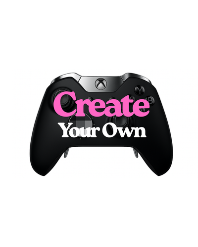 A black gaming controller with the text "Create Your Own" written on it in pink.