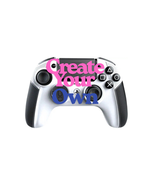 A white and black game controller with the text "Create Your Own" written on it in pink and blue colors.
