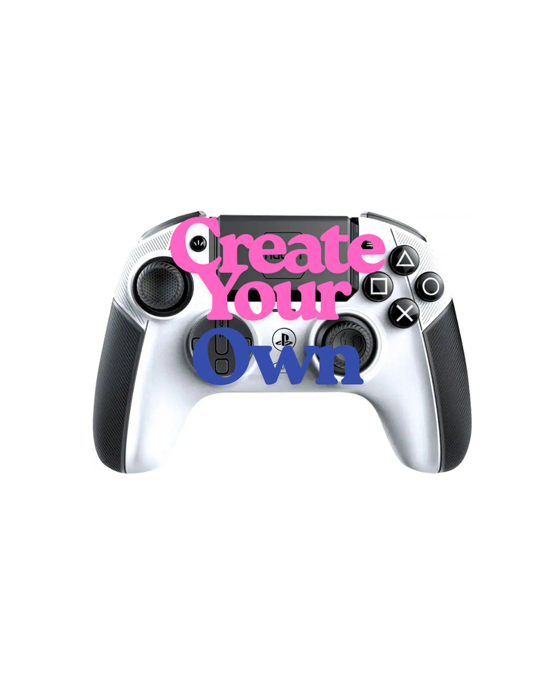 A white and black game controller with the text "Create Your Own" written on it in pink and blue colors.