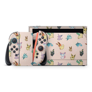 a Nintendo Switch console with a patterned design on the controllers and the console itself.