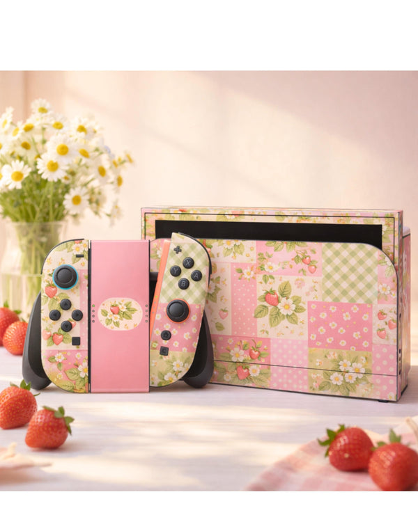 Strawberry Cottage Patchwork Nintendo Switch Skin – 3M Vinyl Full Wrap Decal