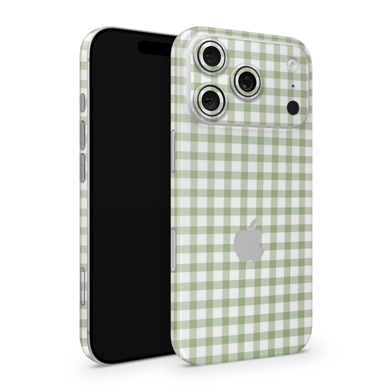 Sage Green Gingham iPhone 17 Pro Skin | Checkered Aesthetic Vinyl Wrap Decal – Minimalist Cottagecore Phone Cover