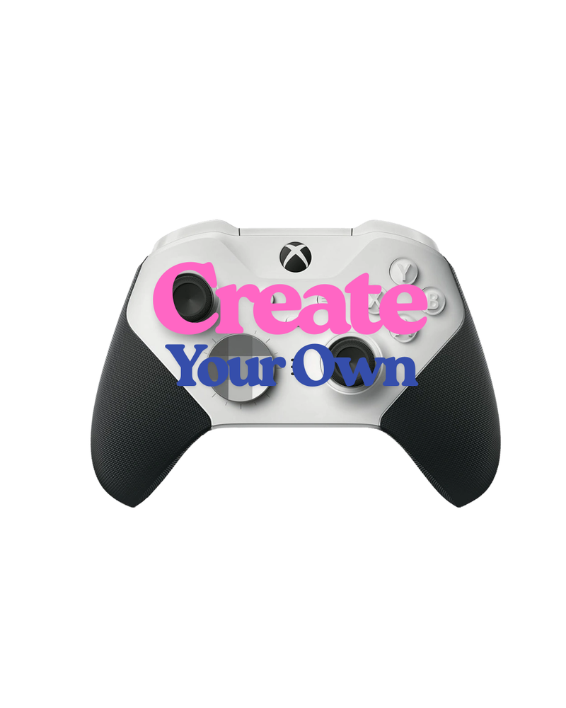 A white Xbox 360 controller with black grip tape and buttons, with the text "Create Your Own" displayed prominently on the controller.