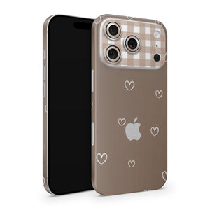 Mocha Heart iPhone 17 Pro Skin | Brown Checkered Aesthetic Vinyl Wrap Decal – Cute Coquette Love Pattern Phone Cover