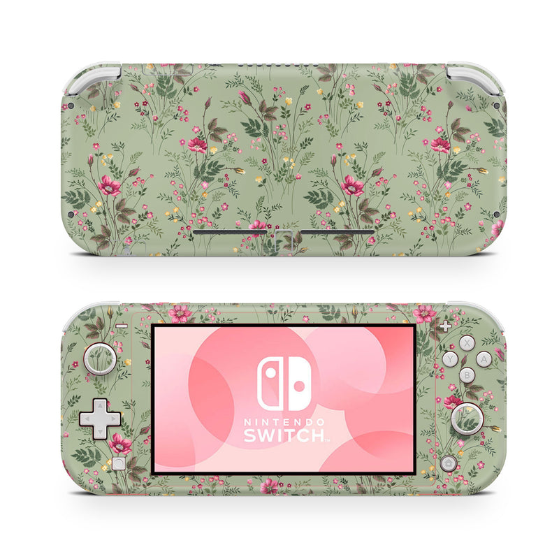 Nintendo Switch Lite Skin  Foliage Green with Little Flowers | Cute Floral Protective Vinyl Decal