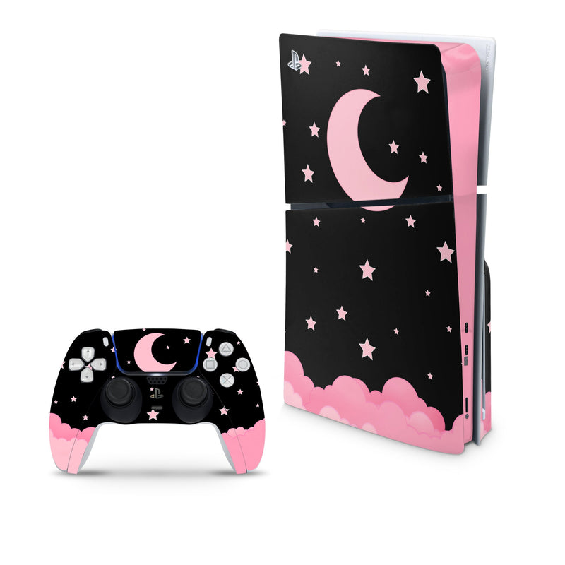 Pink Moon Decal For PS5 Slim Playstation 5 Console And Controller , Full Wrap Vinyl For PS5 Slim