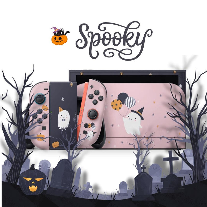 Cute Ghost Halloween Nintendo Switch 2 Skin  Pink Sage Console / Joy-Con Decal | Kawaii Pumpkin & Ghost Design