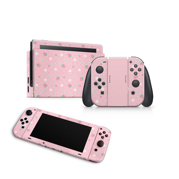 Nintendo Switch Skin Decals - Pink Strawberry Floral - Wrap Vinyl Sticker