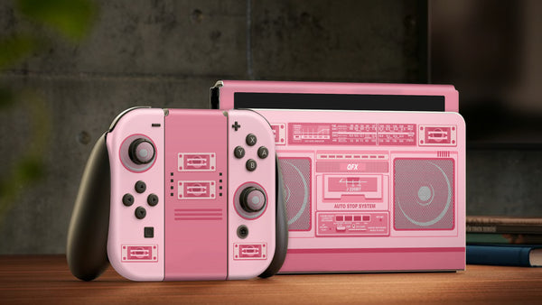 Nintendo Switch Oled Skin Decals - Pink Radio 80 - Wrap Vinyl Sticker