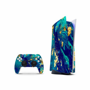 Golden Turquoise Decal For PS5 Playstation 5 Console And Controller , Full Wrap Vinyl For PS5 - ZoomHitskin