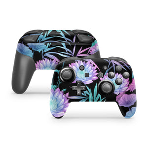 Nintendo Switch Pro Controller Skin Decal Sticker Black Floral Leaf Flowers Pink Coral Aqua Chinese Purple Rose Leave Water Lilies Wrap Set - ZoomHitskin