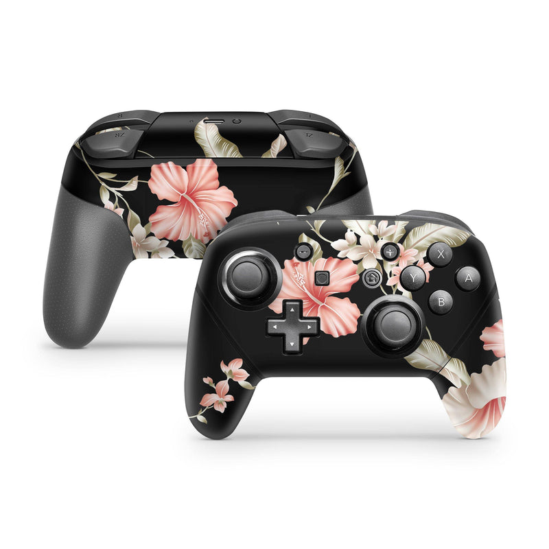 Nintendo Switch Pro Controller Skin Decal Sticker Black Floral Leaf Flowers Pink Coral Hibiscus Chinese Rose Asia Mint Leave Custom Wrap Set - ZoomHitskin
