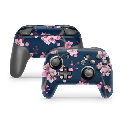 Nintendo Switch Pro Controller Skin Decal Sticker Blue Navy Floral Pink Rose Pastel Flower Asia Japenese Leaves Purple Color Custom Wrap Set - ZoomHitskin