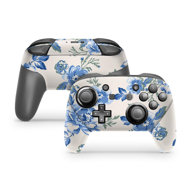 Nintendo Switch Pro Controller Skin Decal Sticker Finest Blooms Bouquet Ancient Tender Dreamy Sentimental Baby Blue Azure Romantic Wrap Set - ZoomHitskin