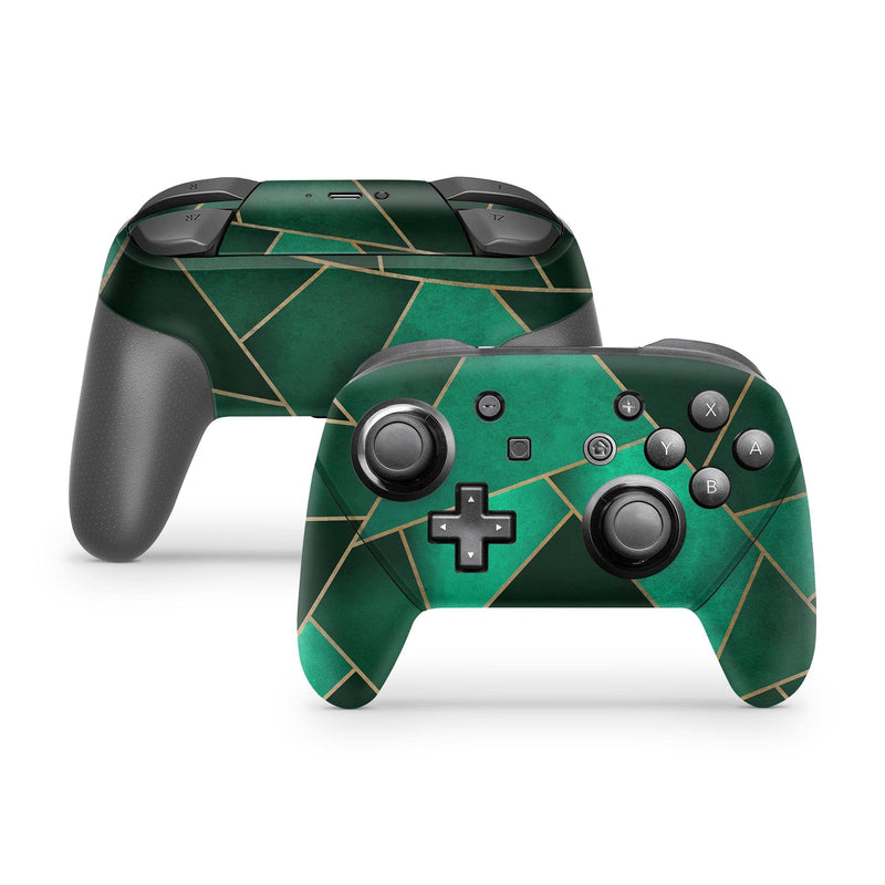 Nintendo Switch Pro Controller Skin Decal Sticker Golden Emerault Graphic Mint Green Lines Glold Abstract Dark Ombre Shiny Bright Wrap Set - ZoomHitskin