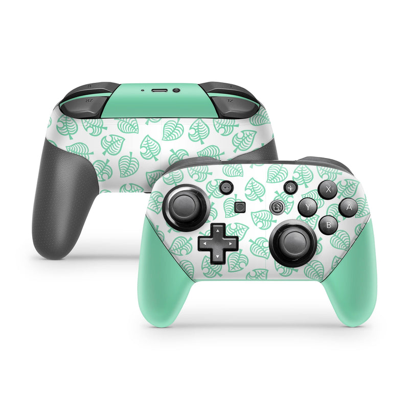 Nintendo Switch Pro Controller Skin Decal Sticker Mint Lime Leaves Green Pattern New Leafs Pattern Lite Color Pastel Light Color Wrap Set - ZoomHitskin