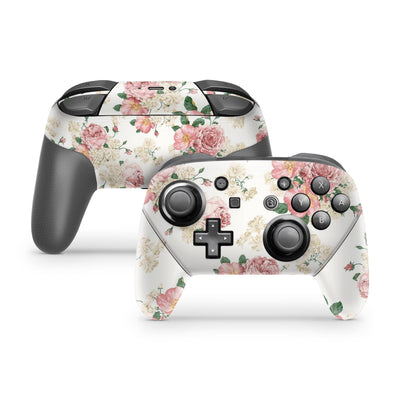 Nintendo Switch Pro Controller Skin Decal Sticker Old Vintage Flowers Pattern Europe Rose White Pastel Light Cream Colors Romantic Wrap Set - ZoomHitskin