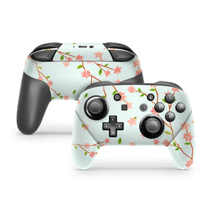 Nintendo Switch Pro Controller Skin Decal Sticker Pastel Pale Baby Blue Japan Cherry Coral Rose Flowers Garden Leafs Salmon Pale Rosy Set - ZoomHitskin