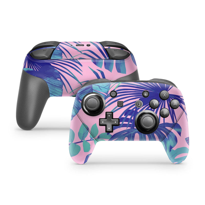 Nintendo Switch Pro Controller Skin Decal Sticker Pink Rose Botanic Pastel Color Leaf Floral Flowers Blue Turquoise Tropical Palm South  Set - ZoomHitskin
