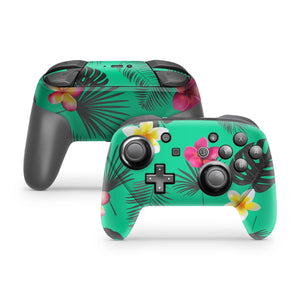 Nintendo Switch Pro Controller Skin Decal Sticker Pink Rose Flowers Turquoise Green Tropical Leave Yellow Aqua Botanic Color Hibiscus Set - ZoomHitskin