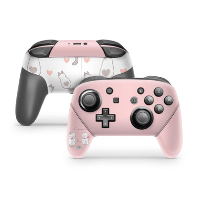 Nintendo Switch Pro Controller Skin Decal Sticker Sweet Cats Love Pink Rose Pastel White Pattern Hearts Pale Color Animal Pet Felin Wrap Set - ZoomHitskin